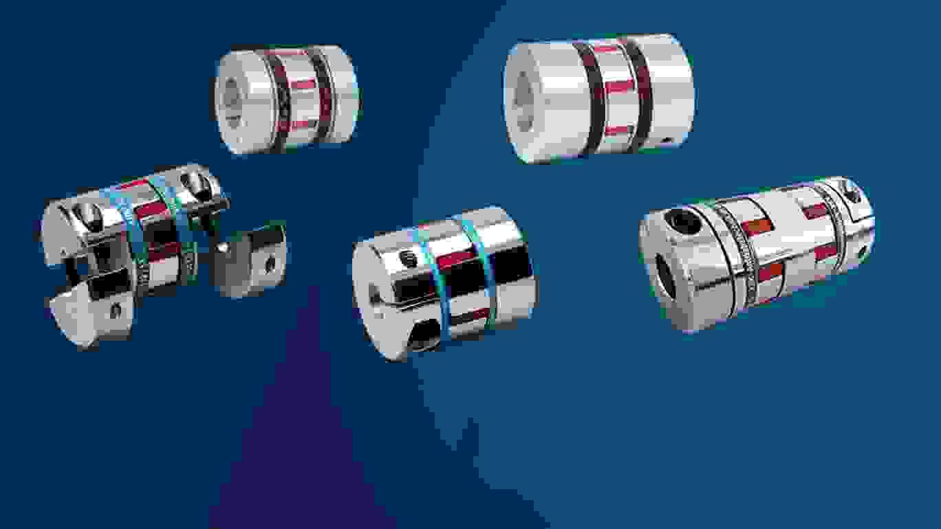  Fem forskellige typer klo- og servokoblinger på blå baggrund