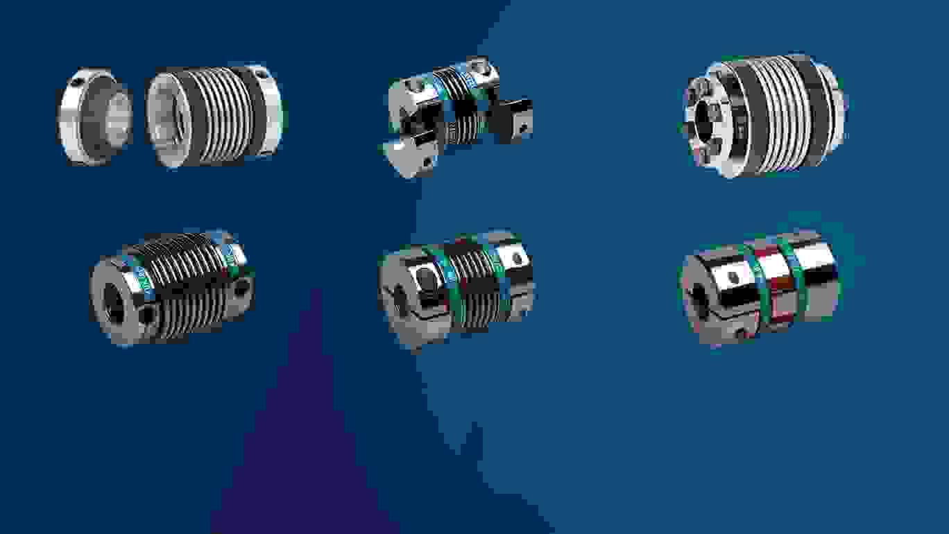 Seks forskellige bælgkoblinger i metal på blå baggrund 